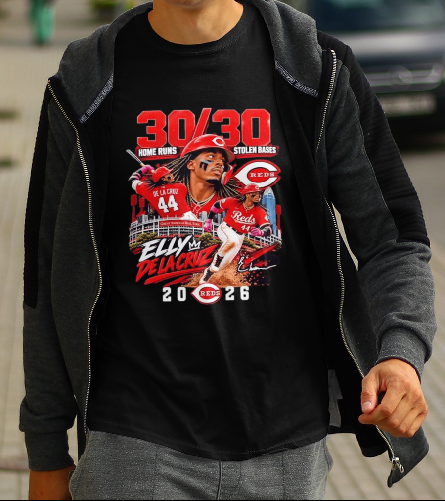 30 30 Home Runs Stolen Bases Elly De La Cruz Cincinnati Reds 44 Great American Ball Park 2026 T-Shirt