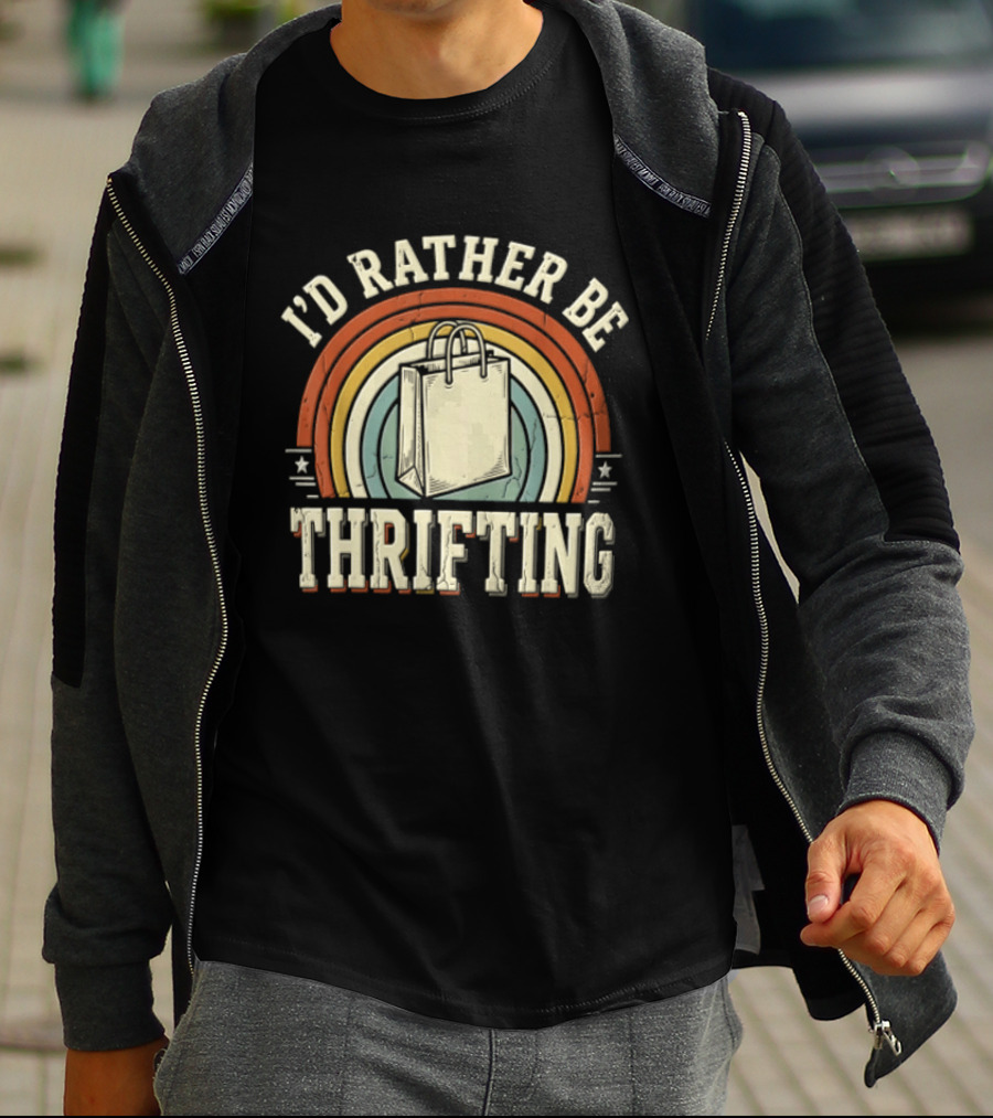 I'd Rather Be Thrifting Shopping Bag Retro Rainbow Stars T-Shirt