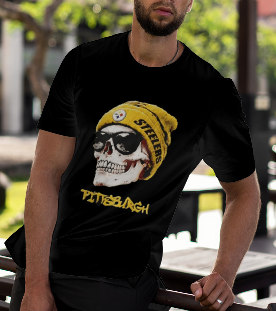 Pittsburgh Steelers Skull Yellow Beanie Sunglasses T-Shirt
