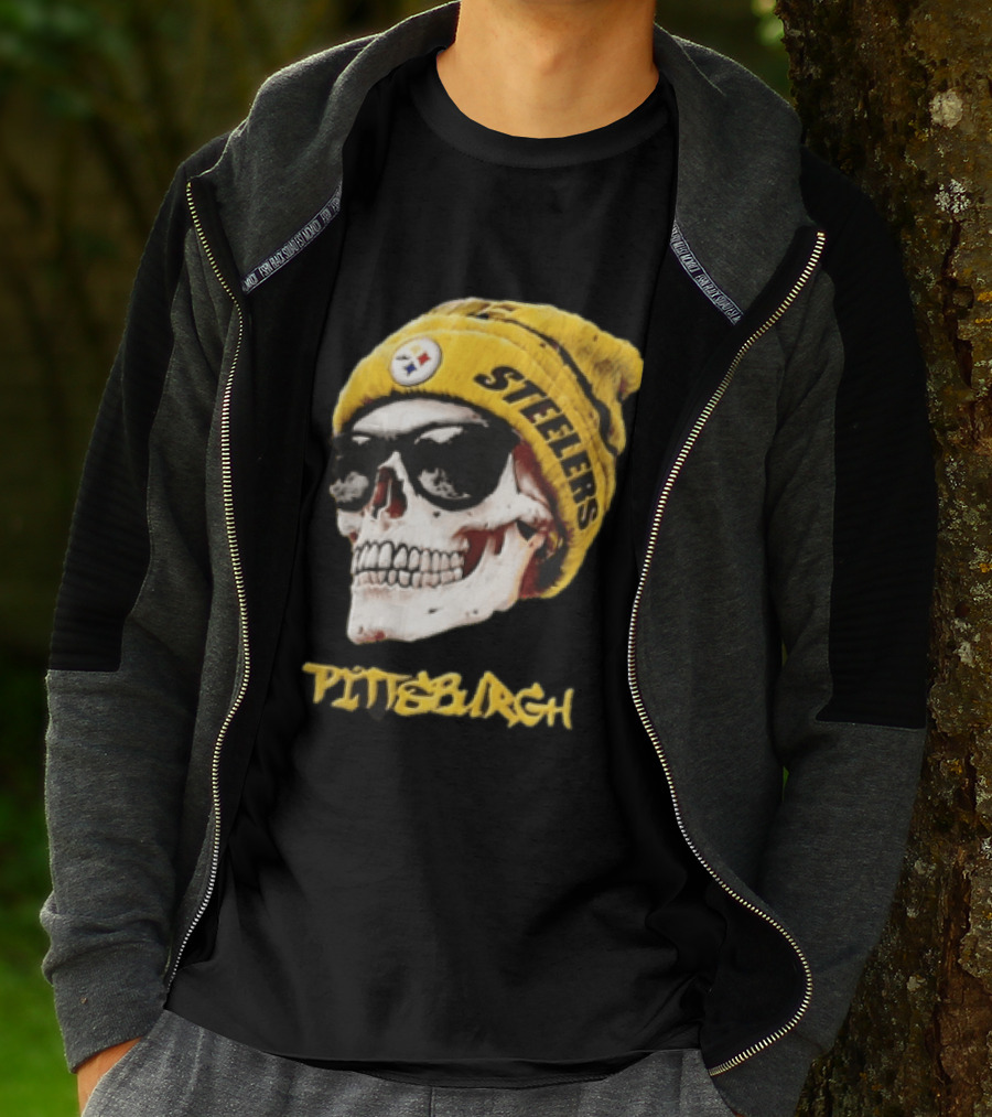 Pittsburgh Steelers Skull Yellow Beanie Sunglasses T-Shirt