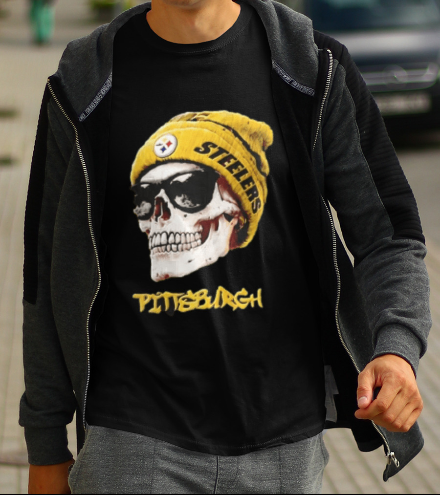 Pittsburgh Steelers Skull Yellow Beanie Sunglasses T-Shirt