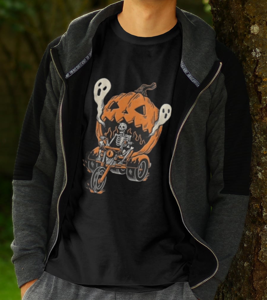 Skeleton Riding Tricycle Inside Giant Pumpkin With Ghosts Halloween T-Shirt
