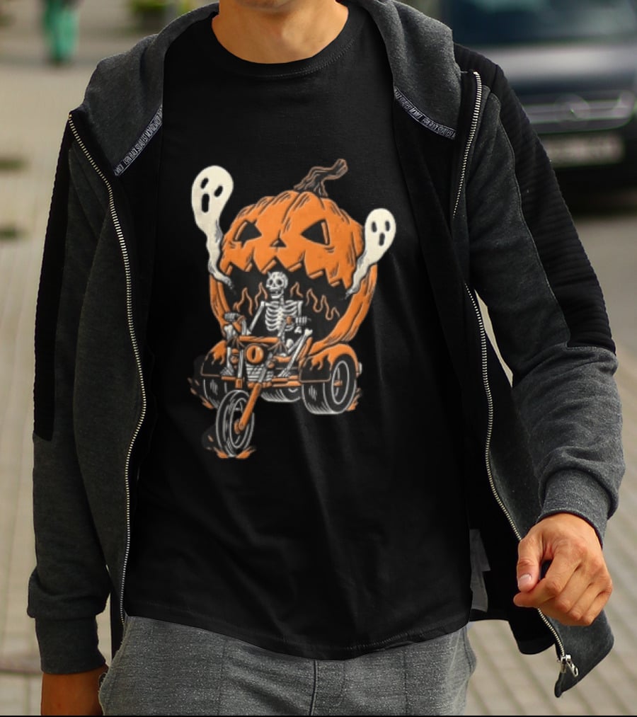 Skeleton Riding Tricycle Inside Giant Pumpkin With Ghosts Halloween T-Shirt