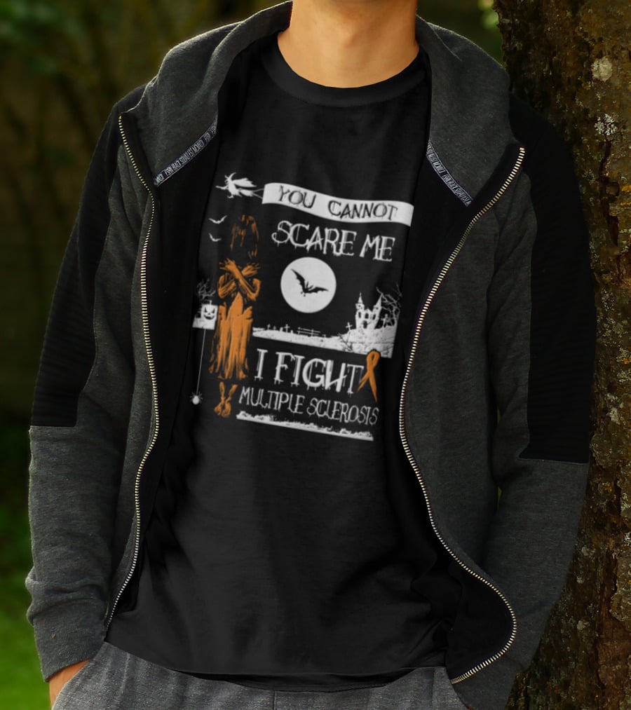 You Cannot Scare Me I Fight Multiple Sclerosis Halloween Witch Bats Moon Cemetery Ribbon T-Shirt