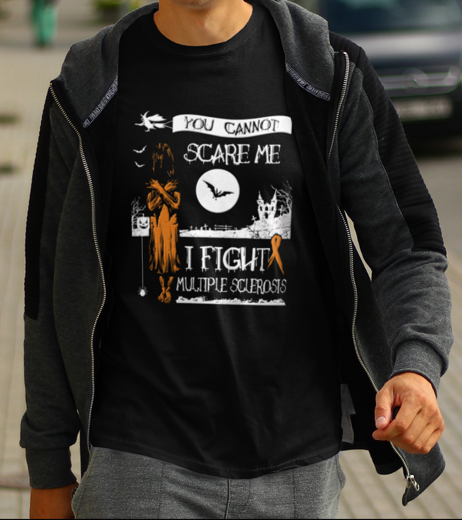 You Cannot Scare Me I Fight Multiple Sclerosis Halloween Witch Bats Moon Cemetery Ribbon T-Shirt