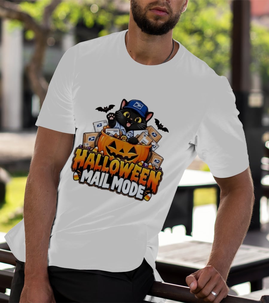 Halloween Mail Mode USPS Black Cat Pumpkin Postal Carrier T-Shirt