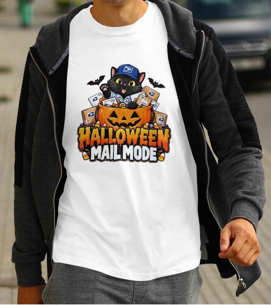 Halloween Mail Mode USPS Black Cat Pumpkin Postal Carrier T-Shirt