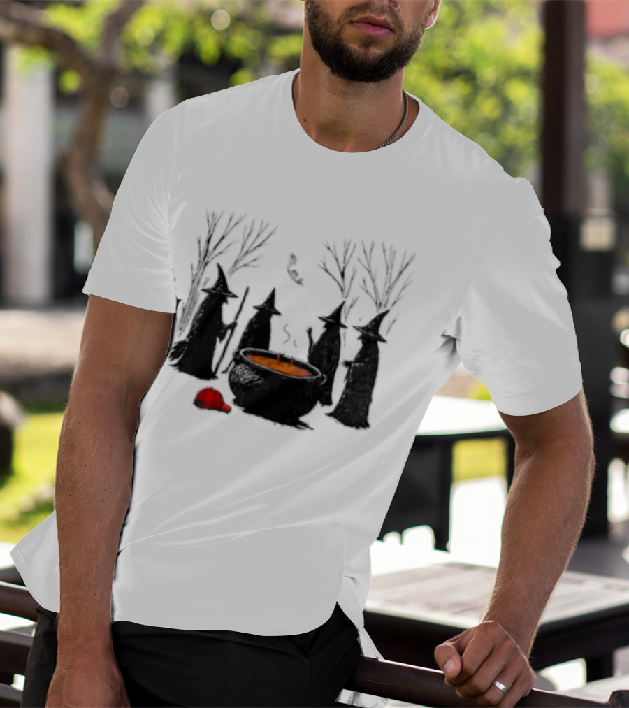 Witches Gathering Around Cauldron And Red Hat Halloween Scene T-Shirt