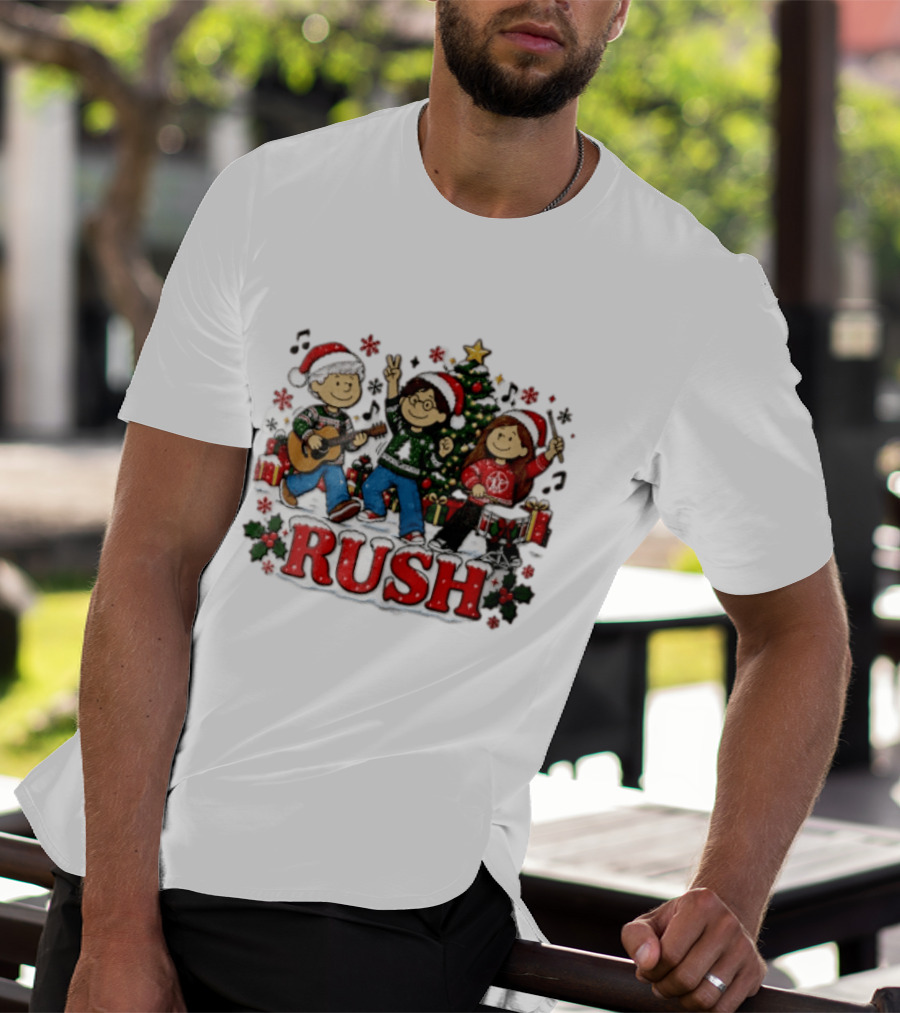 Rush Christmas Cartoon Characters Playing Instruments Festive Holiday Scene T-Shirt