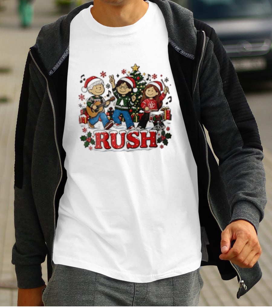 Rush Christmas Cartoon Characters Playing Instruments Festive Holiday Scene T-Shirt