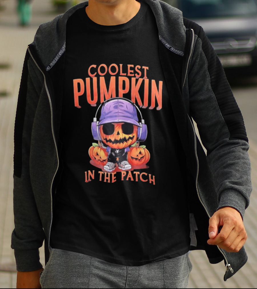 Coolest Pumpkin In The Patch Halloween Pumpkin With Headphones And Sunglasses T-Shirt