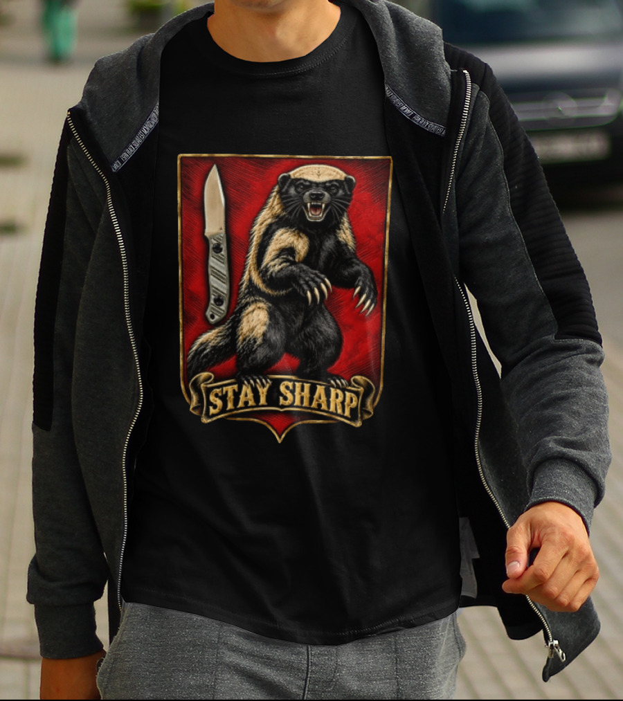Stay Sharp Wolverine Knife Red Shield T-Shirt