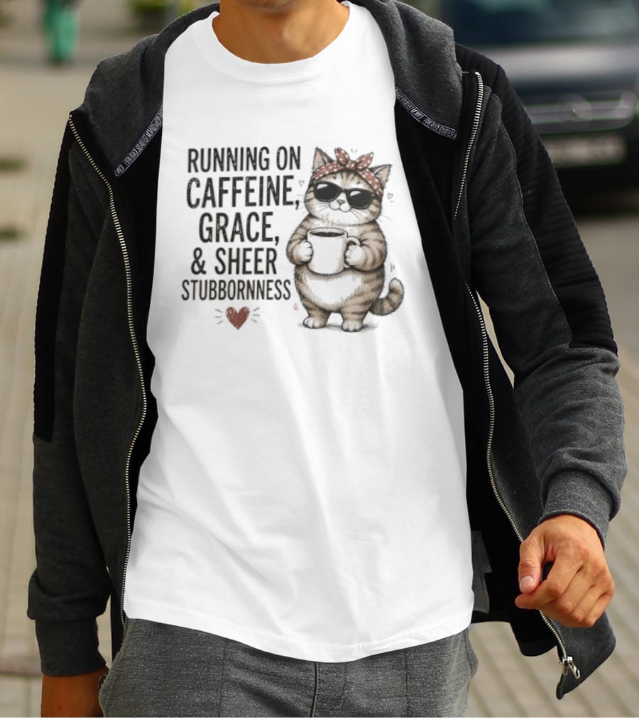 Cat Running On Caffeine Grace Sheer Stubbornness With Bandana And Coffee T-Shirt
