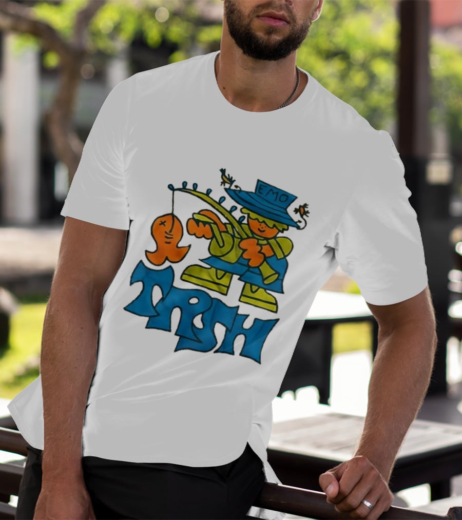 Emo Trsh Cartoon Fisherman Catching Orange Fish Wearing Blue And Green Outfit T-Shirt