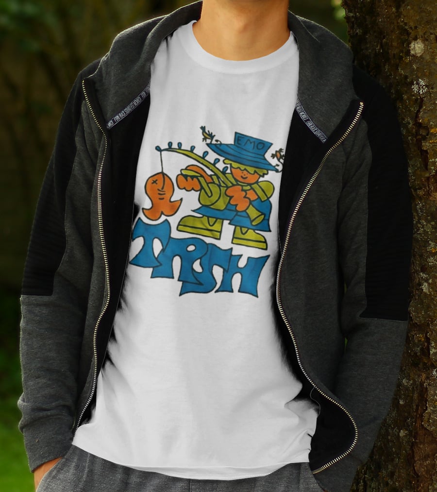 Emo Trsh Cartoon Fisherman Catching Orange Fish Wearing Blue And Green Outfit T-Shirt