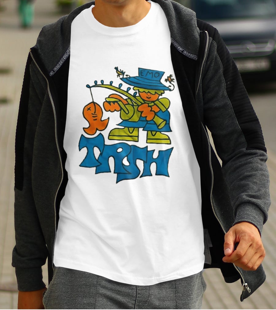Emo Trsh Cartoon Fisherman Catching Orange Fish Wearing Blue And Green Outfit T-Shirt
