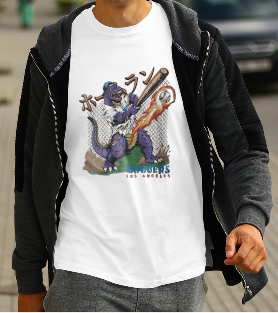 Dodgers Los Angeles Purple Dinosaur Baseball Player Batting With Flaming Ball T-Shirt