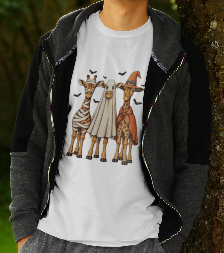 Giraffe Costume Halloween Mummy Ghost Witch Trio T-Shirt