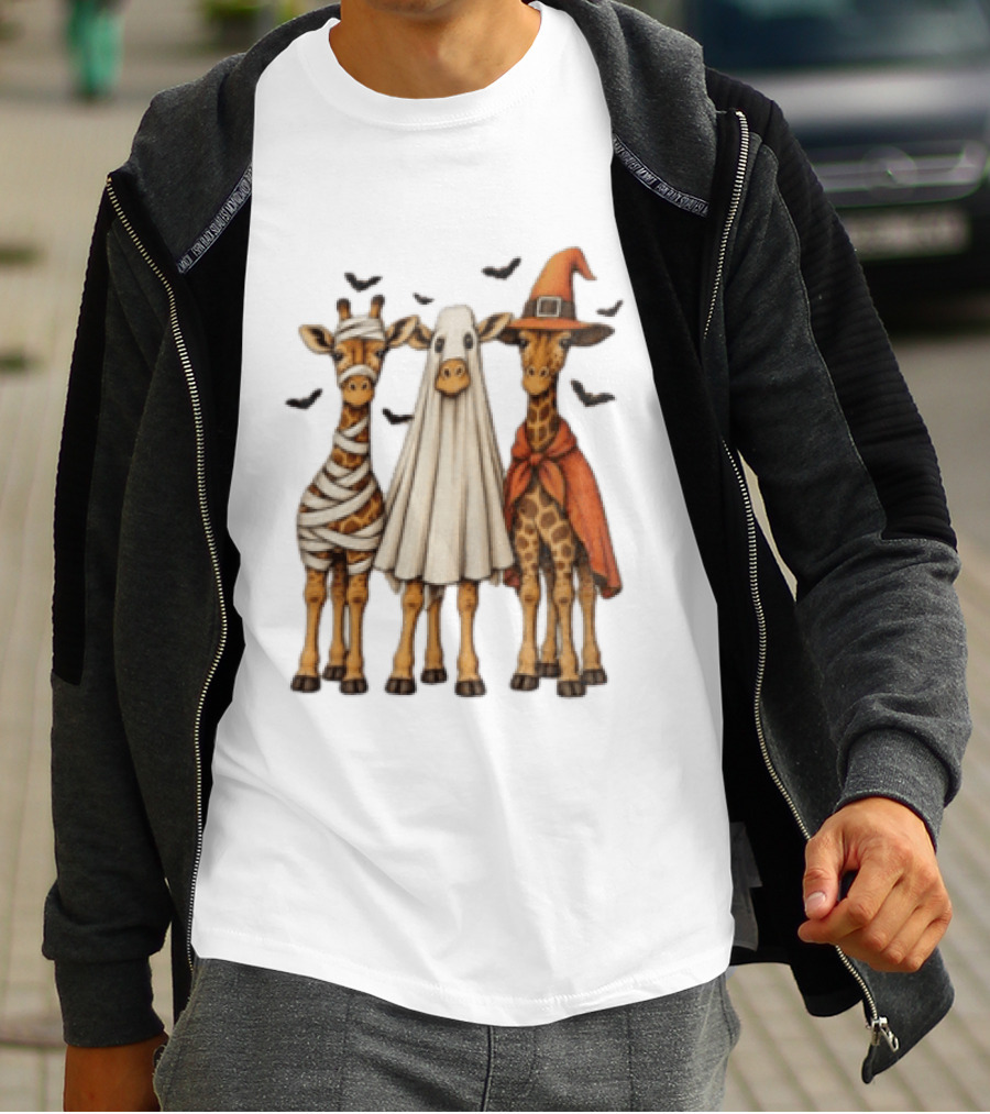 Giraffe Costume Halloween Mummy Ghost Witch Trio T-Shirt