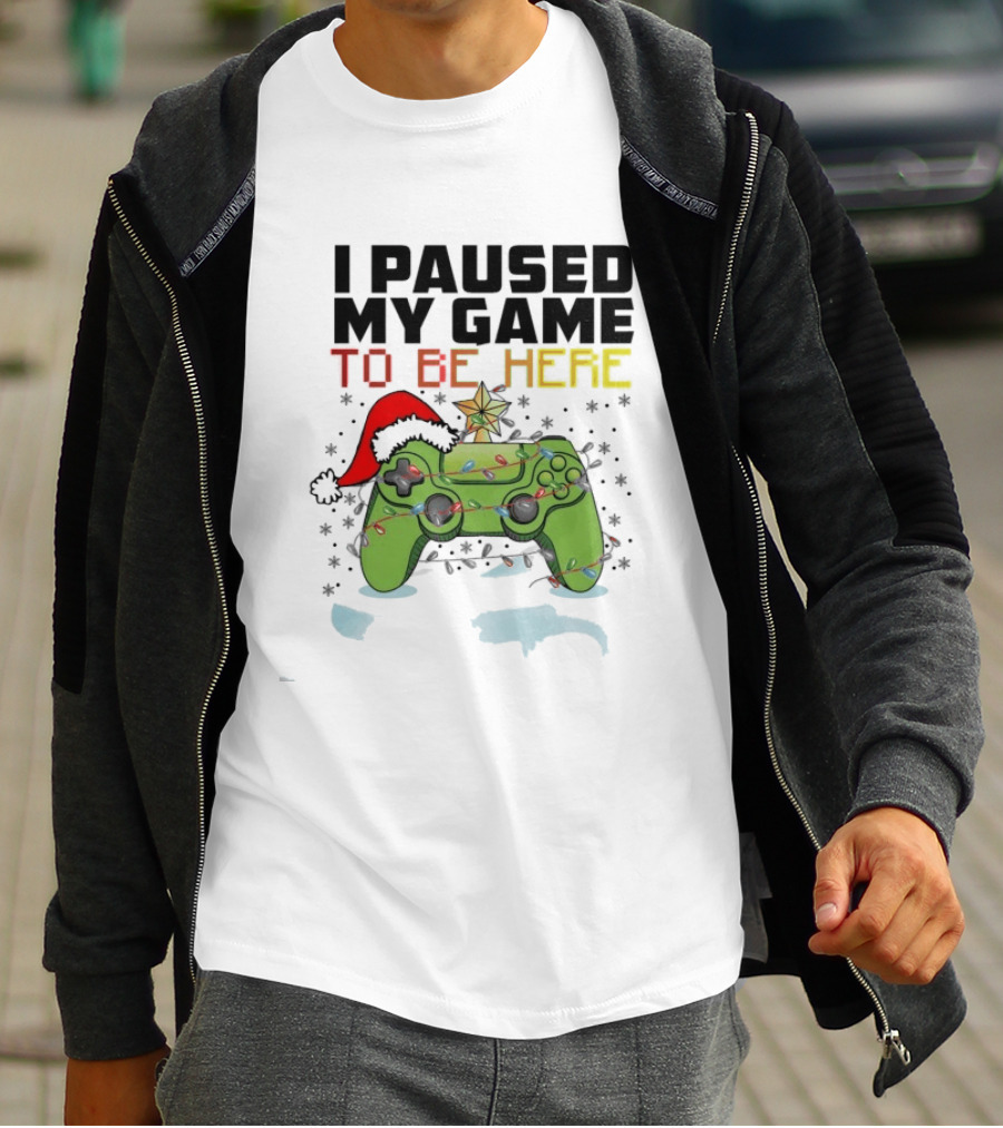 I Paused My Game To Be Here Christmas Gamer Controller Holiday Lights Santa Hat T-Shirt