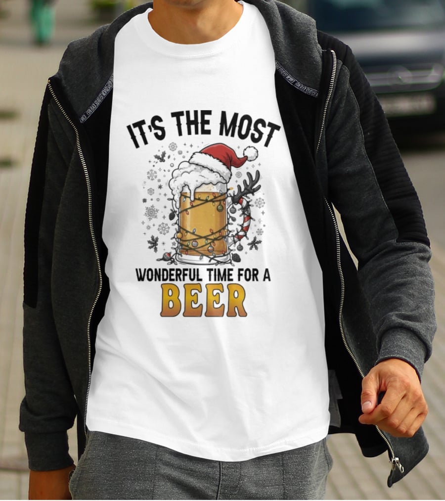 It's The Most Wonderful Time For A Beer Christmas Santa Hat Festive Cheers T-Shirt