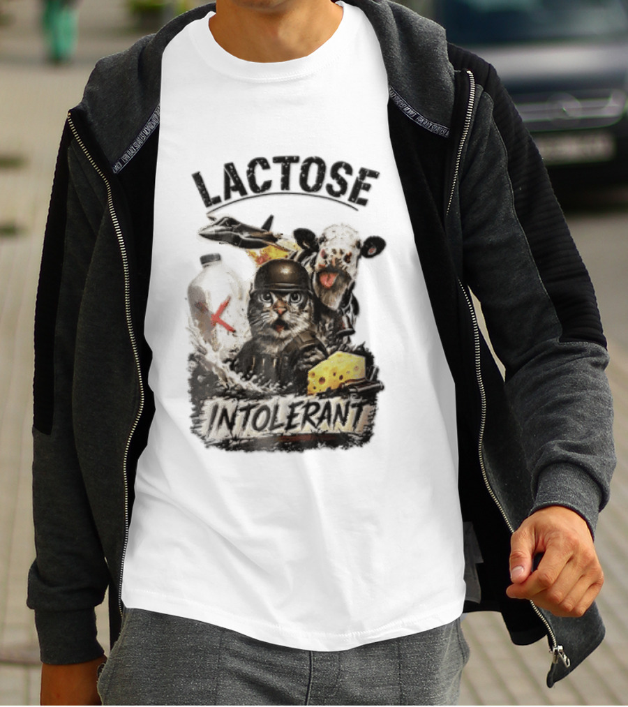 Lactose Intolerant Cat Soldier Cow Milk Cheese Jet T-Shirt
