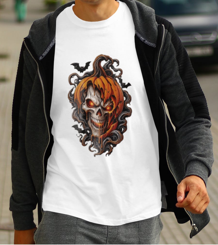 Skull Rage Halloween Pumpkin With Bats And Flames T-Shirt