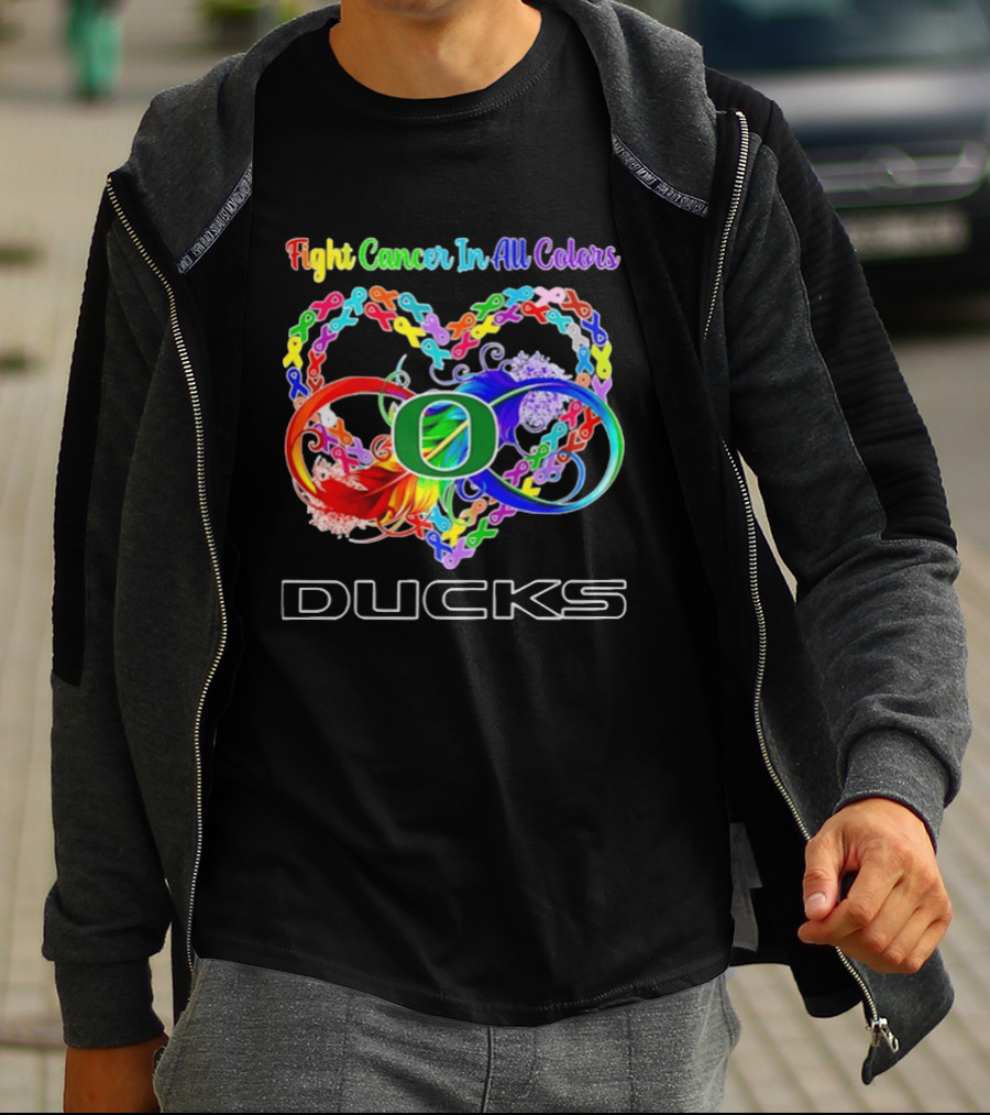 Oregon Ducks Fight Cancer In All Colors All Cancer Awareness Ribbon Heart T-Shirt