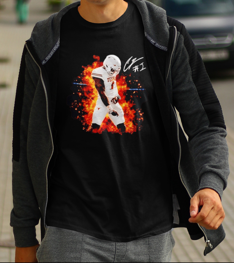 Colin Simmons Texas Longhorns Football Flames And Signature T-Shirt