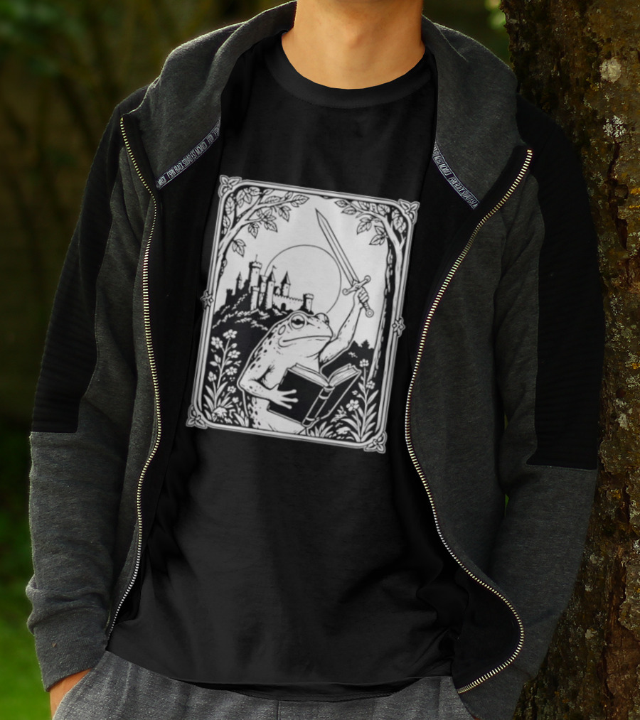 Warrior Frog Reading Book With Sword And Castle In Black And White Scene T-Shirt