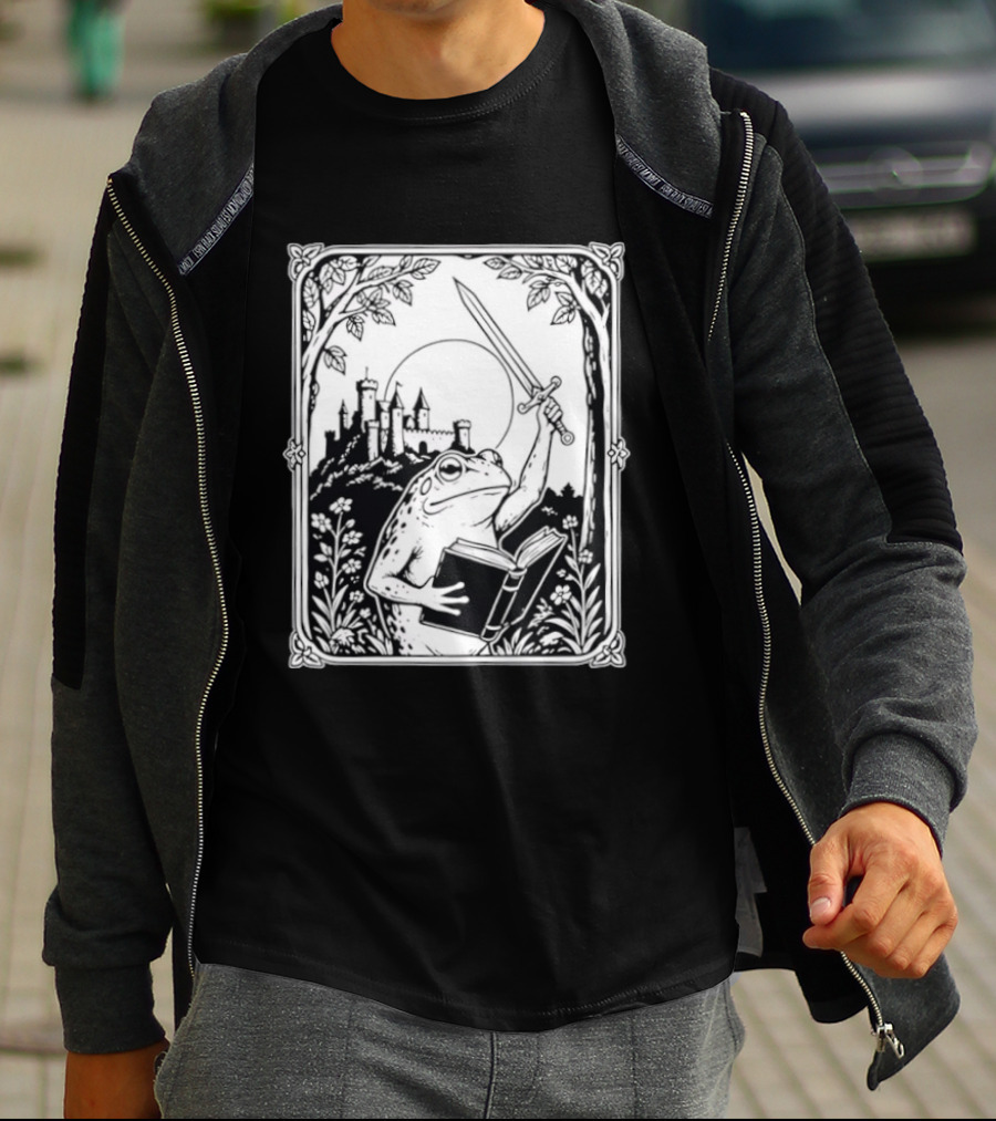Warrior Frog Reading Book With Sword And Castle In Black And White Scene T-Shirt