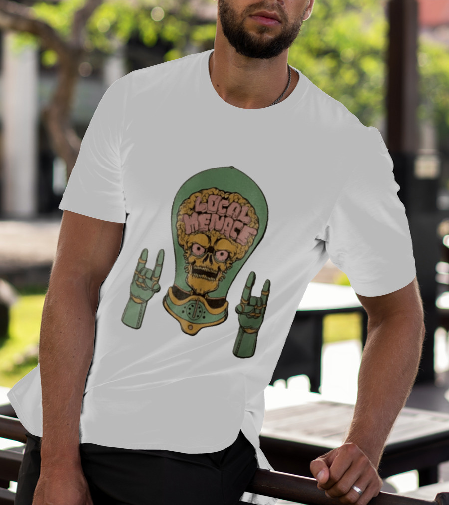Local Menace Skull Exposed Brain Lightbulb Rock Hand Signs T-Shirt