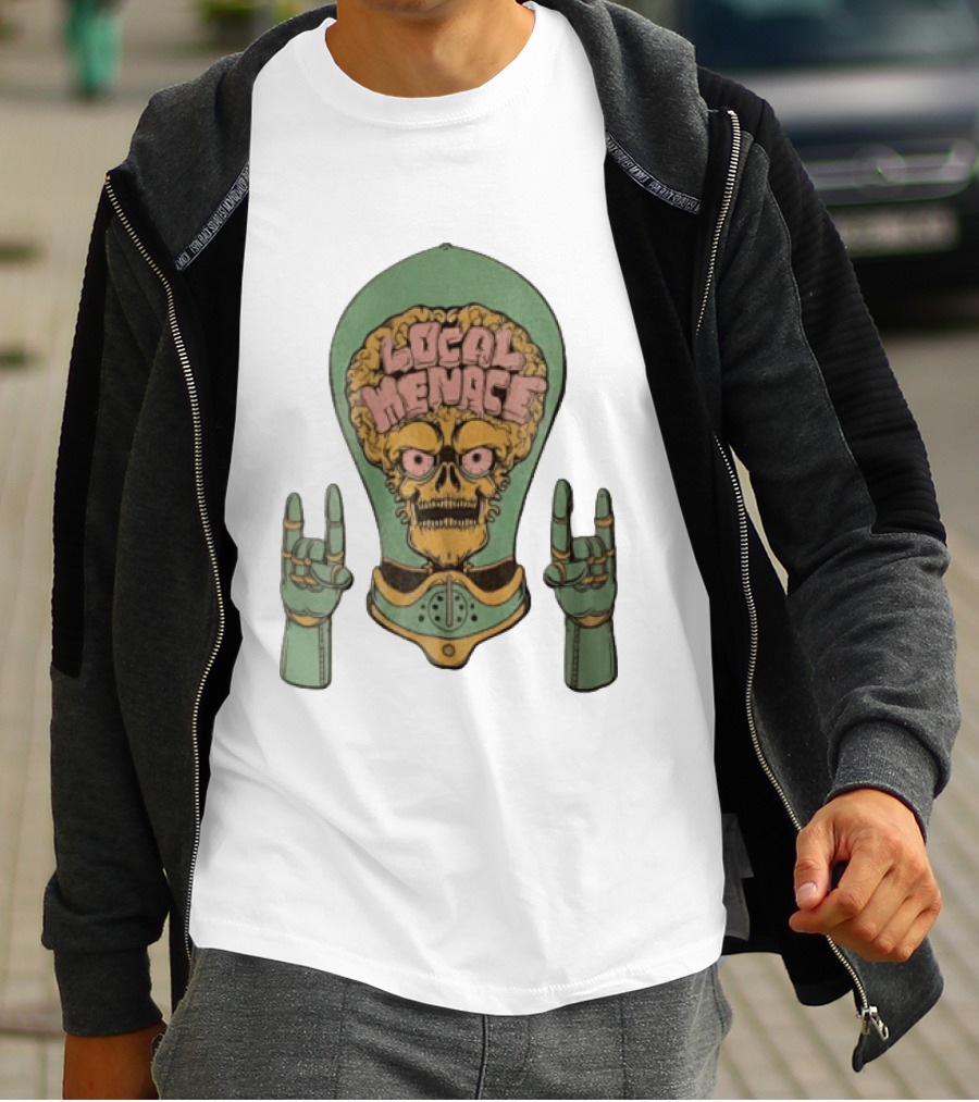 Local Menace Skull Exposed Brain Lightbulb Rock Hand Signs T-Shirt