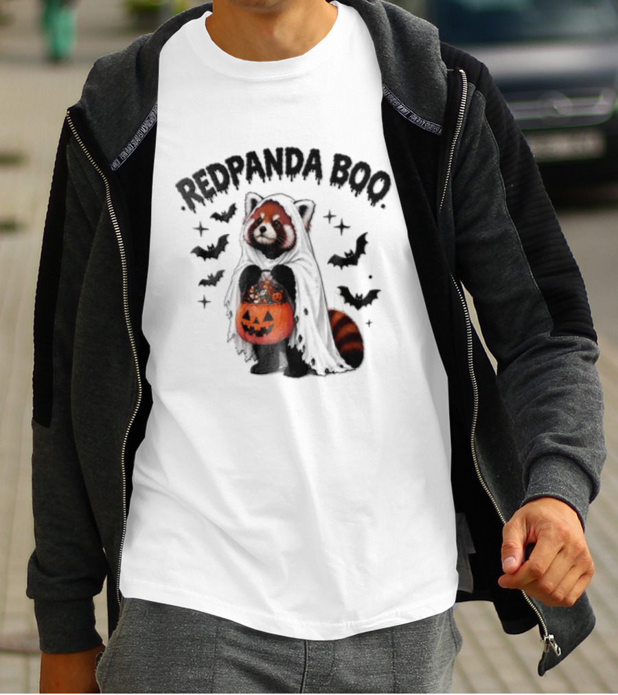 Redpanda Boo Cute Red Panda Costume With Pumpkin Candy Bucket And Bats T-Shirt