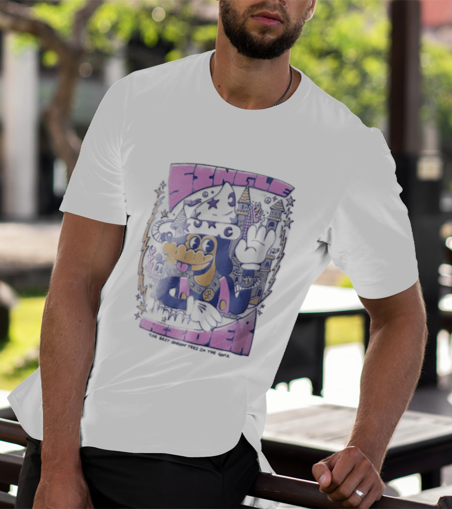 Single Rider Cartoon Dog Wizard With Hat And Spiked Collar Retro Fantasy Scene T-Shirt