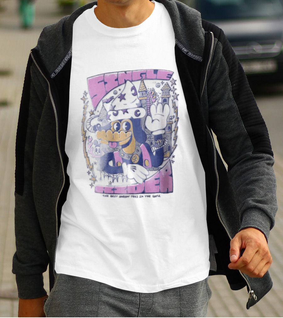 Single Rider Cartoon Dog Wizard With Hat And Spiked Collar Retro Fantasy Scene T-Shirt