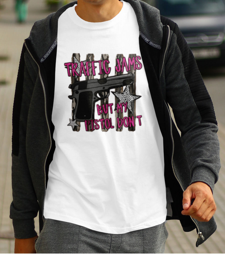 Traffic Jams But My Pistol Don't Handgun Over Stripes Leopard T-Shirt