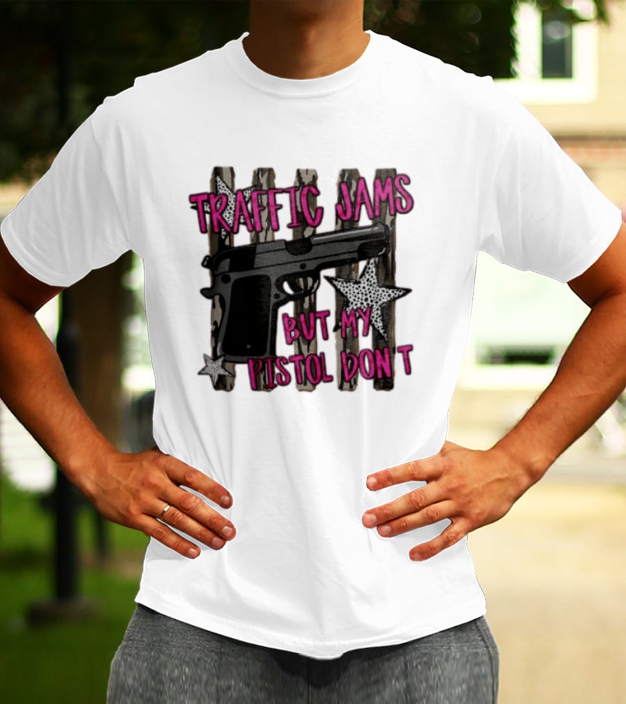 Traffic Jams But My Pistol Don't Handgun Over Stripes Leopard T-Shirt