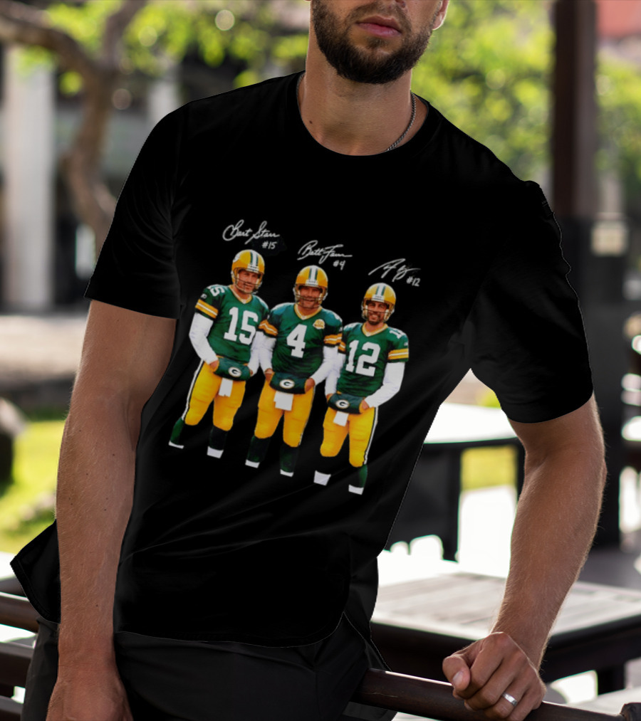 Bart Starr #15 Brett Favre #4 Aaron Rodgers #12 Green Bay Packers Signatures T-Shirt