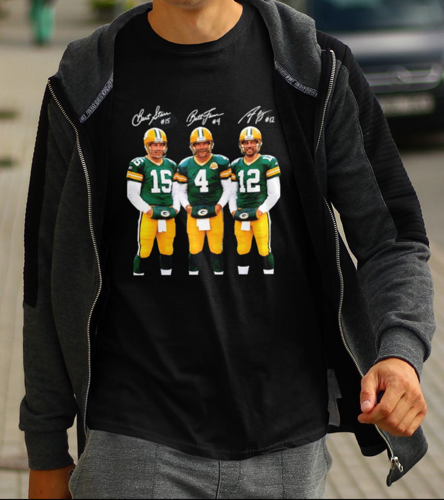Bart Starr #15 Brett Favre #4 Aaron Rodgers #12 Green Bay Packers Signatures T-Shirt