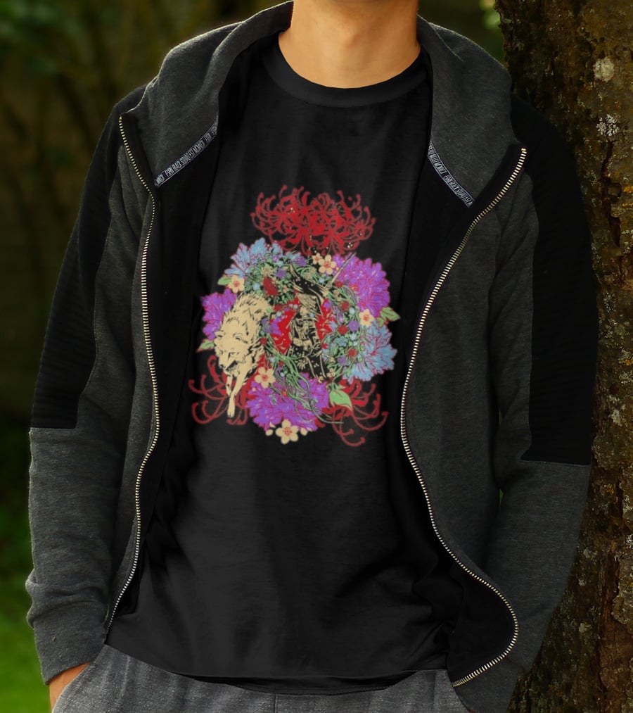 Beast Of Reincarnation Blooming Artistic Floral Samuraи Wolf Fusion T-Shirt