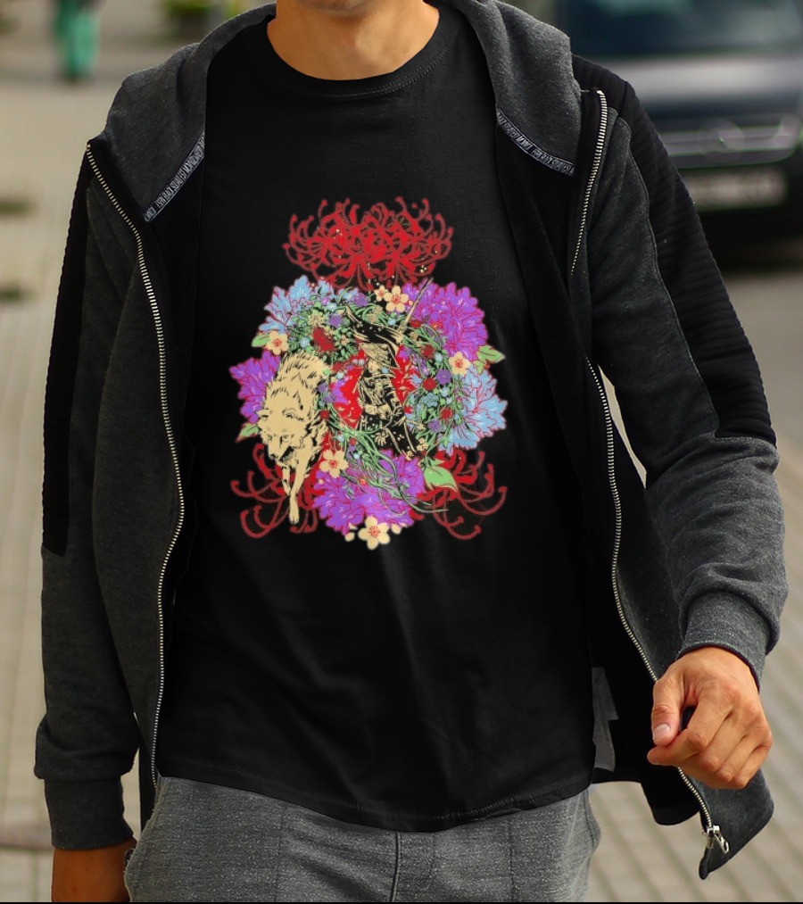 Beast Of Reincarnation Blooming Artistic Floral Samuraи Wolf Fusion T-Shirt