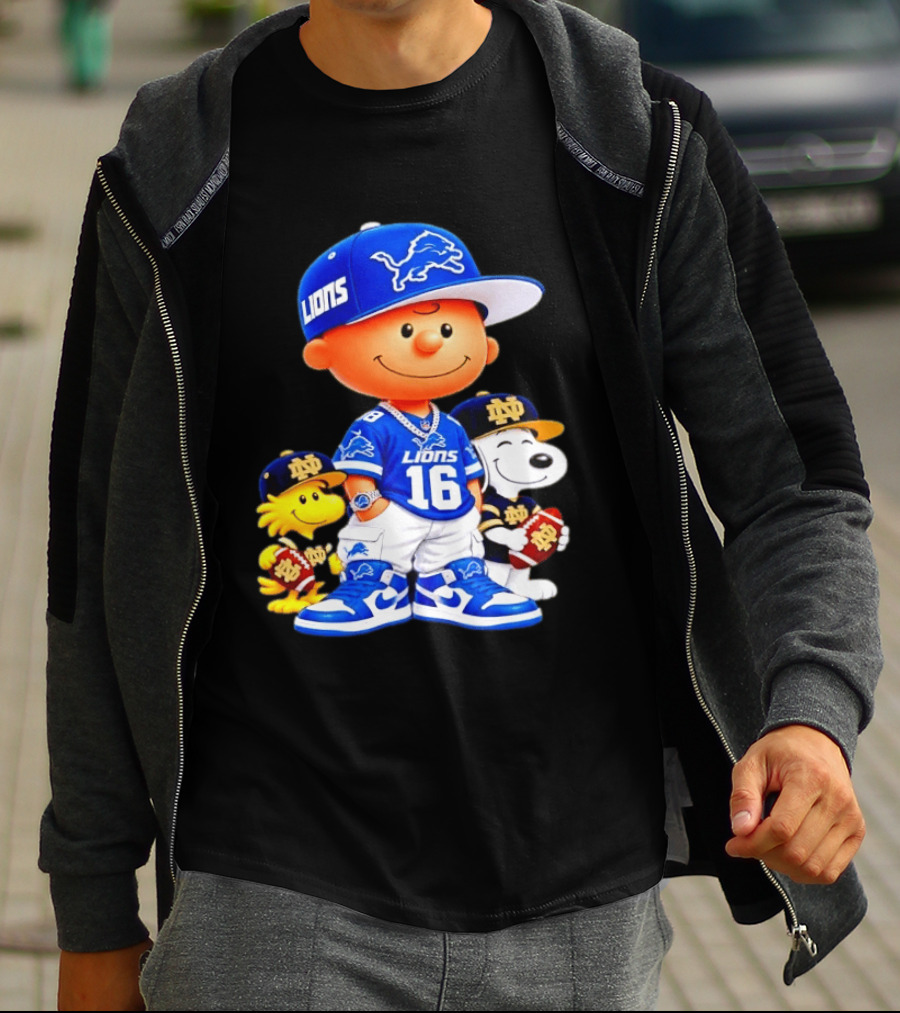 Charlie Brown Snoopy Woodstock Detroit Lions 16 Jersey Notre Dame Iconic Peanuts Characters T-Shirt
