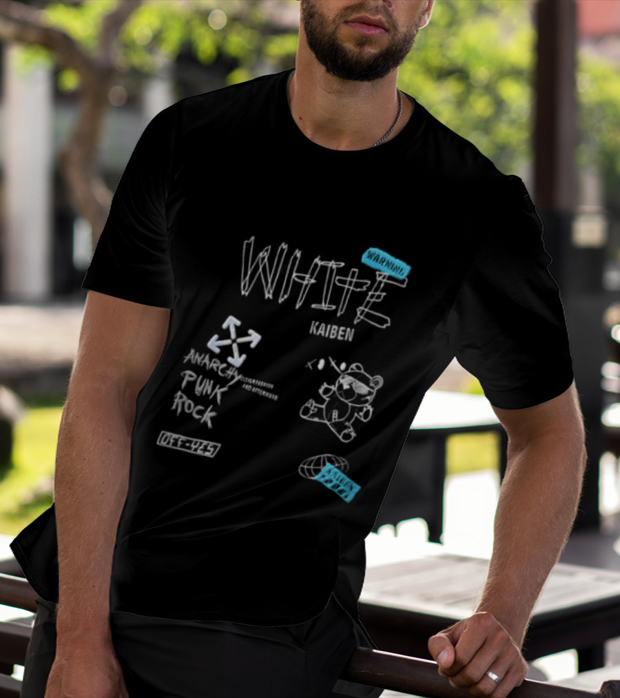 Kaiben White Cartoon Bear With Arrow Symbols And Blue Tape T-Shirt