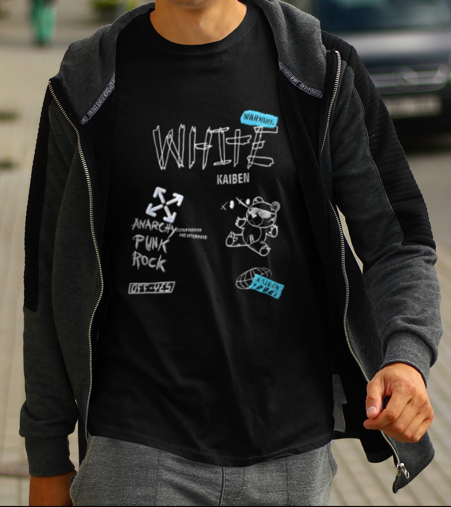 Kaiben White Cartoon Bear With Arrow Symbols And Blue Tape T-Shirt