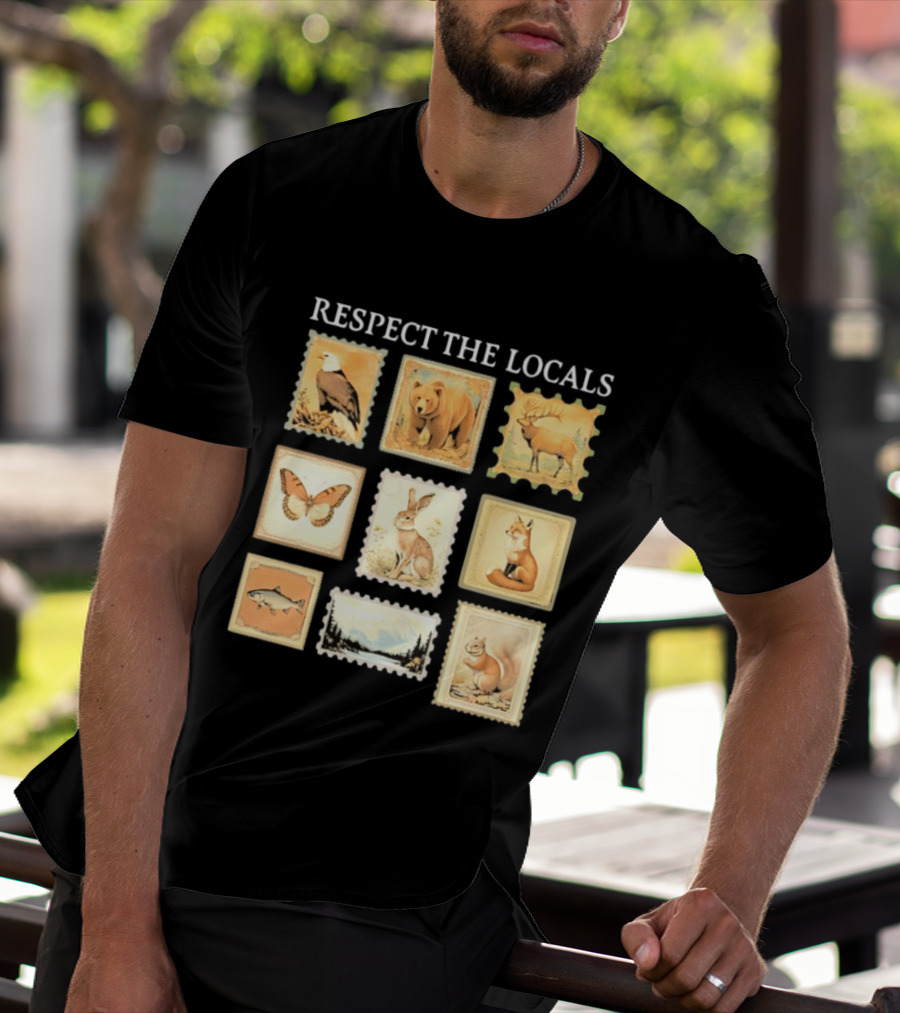 Respect The Locals Wildlife Stamp Collection With Bear Fox And Eagle T-Shirt