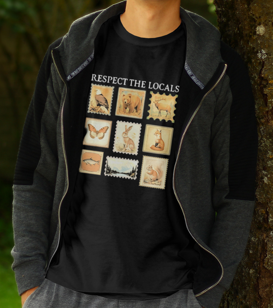 Respect The Locals Wildlife Stamp Collection With Bear Fox And Eagle T-Shirt