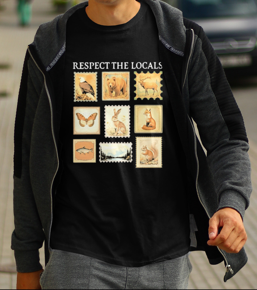 Respect The Locals Wildlife Stamp Collection With Bear Fox And Eagle T-Shirt