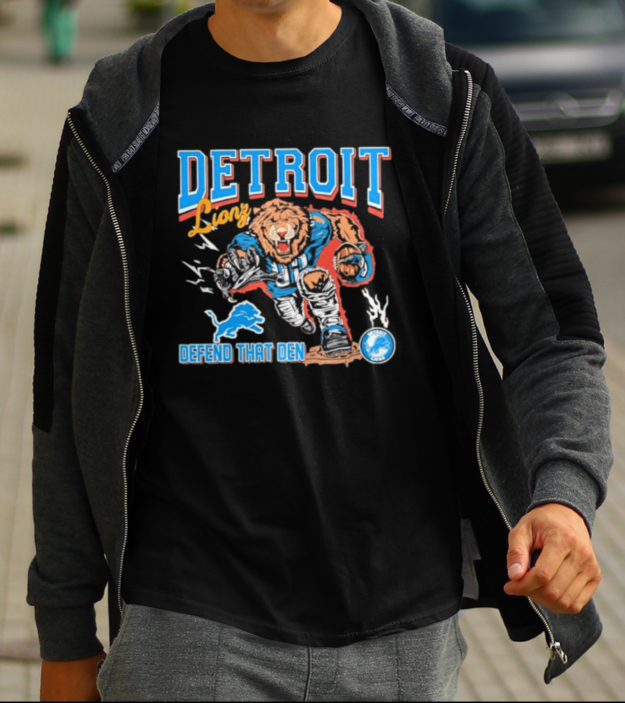 Detroit Lions Defend That Den Football Mascot Roaring Lion Action T-Shirt