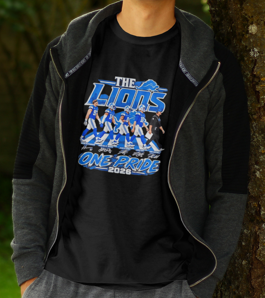 Detroit Lions The Lions One Pride Abbey Road 2026 Aidan Hutchinson Jahmyr Gibbs Jared Goff Dan Campbell T-Shirt